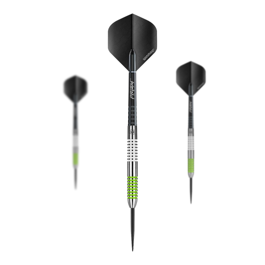 Winmau Ton Machine stalen dartpijlen Die Winmau Ton Machine Steeldarts als Set sind zu sehen. Dieses Produkt enthält mehrere Dartpfeile für das Spiel.