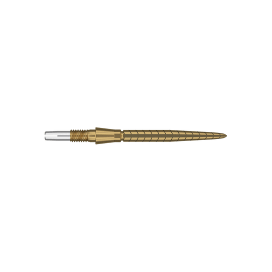 Target Swiss Storm Quartz Dartpunten - Goud Dies ist eine goldfarbene Dartspitze mit feinen Rillen und Linien. Sie hat ein schlankes, präzises Design und eine silberne Spitze am Ende.