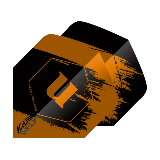 Unicorn Ultrafly 100 Team Unicorn Big Wing Vluchten - Oranje Das Bild zeigt die "Unicorn Ultrafly 100 Team Unicorn Big Wing Flights" in Orange. Die Flights haben ein auffälliges schwarzes und orangefarbenes Design mit dem Buchstaben "u" in der Mitte.