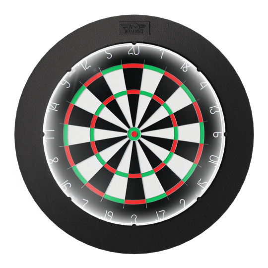 Bulls NL Lumo Light Surround verlichtingssysteem Das Bild zeigt das Produkt "Bulls NL Lumo Light Surround Beleuchtungssystem", das eine Dartscheibe mit integriertem LED-Licht darstellt. Die Beleuchtung sorgt für eine optimale Ausleuchtung des Spielfelds.