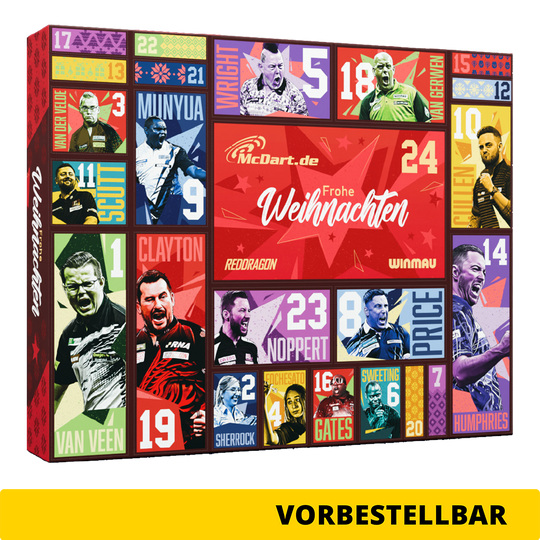 McDart stalen dartpijlen adventskalender 2026 Zu sehen ist der McDart Steel-Darts Adventskalender 2026. Der Kalender bietet Überraschungen für Steeldart-Spieler.