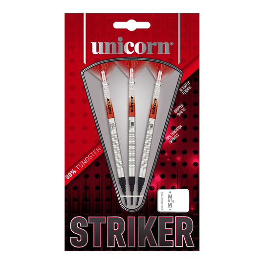 Das Bild zeigt eine Packung der "Unicorn Core XL Striker Style 1 Softdarts - 19g". In der Verpackung befinden sich drei silberfarbene Softdarts mit roten und weißen Details.