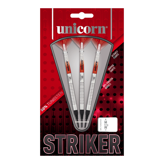 Unicorn Core XL Striker Style 1 zachte darts - 19g Das Bild zeigt eine Packung der "Unicorn Core XL Striker Style 1 Softdarts - 19g". In der Verpackung befinden sich drei silberfarbene Softdarts mit roten und weißen Details.