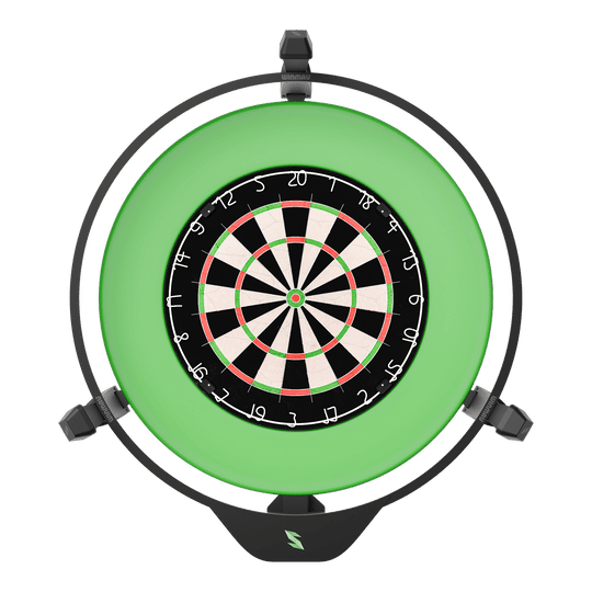 Das Bild zeigt ein elektronisches Punktesystem für Darts, das Scolia Home 2. Es besteht aus einem Dartboard mit einem leuchtenden grünen Ring rundherum.