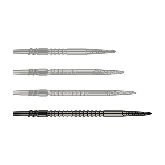 Das Bild zeigt vier schwarze Dartspitzen, die nebeneinander ausgerichtet sind. Jede Spitze hat ein geriffeltes und gemustertes Design entlang des Schafts.