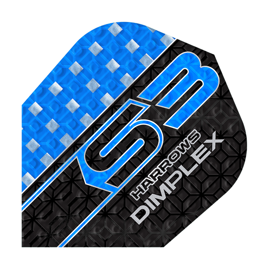 Harrows Dimplex S3 Flights - Blauw Das Bild zeigt ein blau-schwarzes Dartflight mit der Aufschrift "S3 HARROWS DIMPLEX". Die Oberfläche hat ein strukturiertes Muster mit silbernen Akzenten.