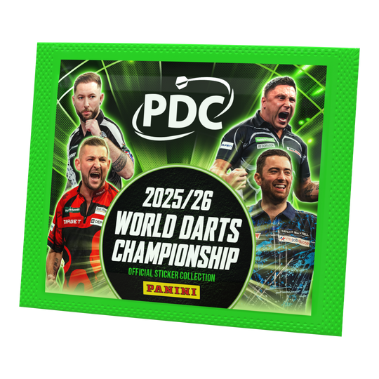 Panini PDC World Darts Championship 2025/26 - Stickerpakket Panini PDC World Darts Championship 2025/26 - Sticker Pack. Die Packung enthält Sticker für das Sammelalbum der Darts-Weltmeisterschaft.