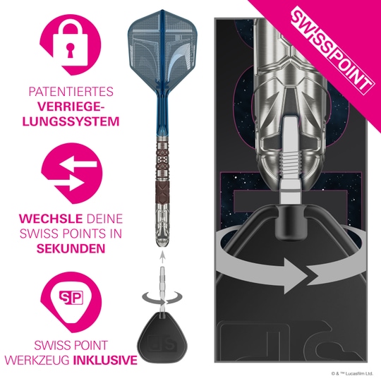 Target Star Wars Mandalorian 95 Swiss Point stalen dartpijlen Das Bild zeigt die Target Star Wars Mandalorian 95 Swiss Point Steeldarts. Es handelt sich um hochwertige Steeldarts mit einem Mandalorian-Design.