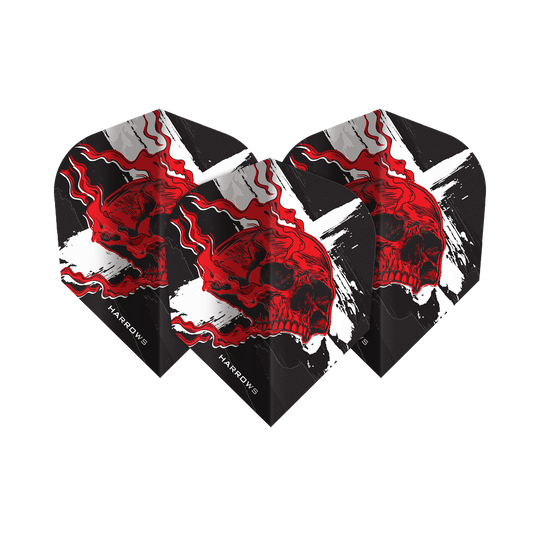 Abgebildet sind die Harrows Ryan Searle Heavy Metal No6 Flights. Diese Flights sind für Dartpfeile konzipiert und tragen das Heavy Metal Design.