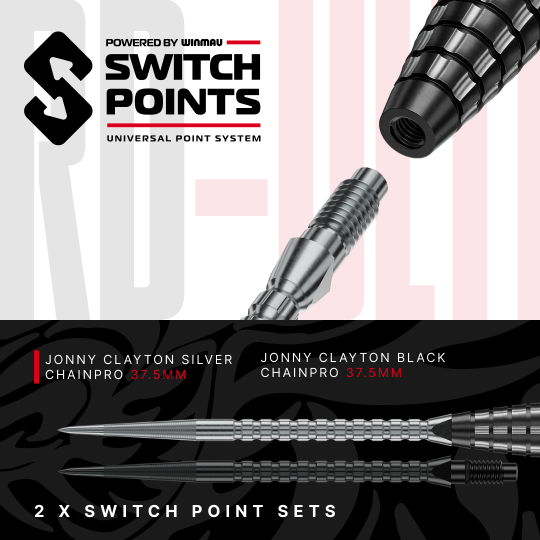 Red Dragon Jonny Clayton RD-ULTRA Switch Point stalen dartpijlen - 22 g Die Abbildung zeigt die Red Dragon Jonny Clayton RD-ULTRA Switch Point Steeldarts mit 22 Gramm. Die Darts liegen nebeneinander und sind gut sichtbar.
