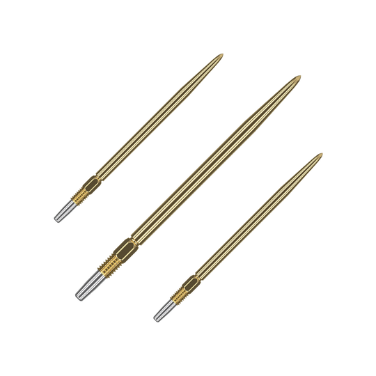 Target Swiss Point Gold darttips Auf dem Bild sind drei goldene Dartspitzen zu sehen. Sie haben ein geriffeltes silbernes Endstück zur Befestigung.