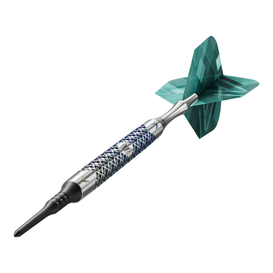 Target Rove 10 zachte darts Das Bild zeigt einen einzelnen Target Rove 10 Softdart. Der Dart hat ein silbernes, gemustertes Barrel und grüne Flights.