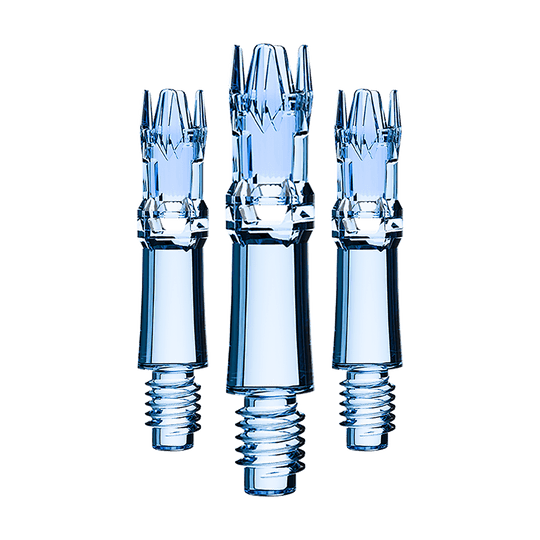 L-Style L-System vervangingsschachten - Helderblauw Ein Set an blauen transparenten Ersatzshafts ist zu sehen. Die Shafts sind sortiert dargestellt.