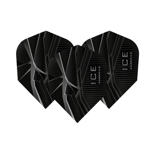 Das Bild zeigt drei schwarze Dart-Flights mit silbernen, eisähnlichen Mustern. Auf den Flights steht der Produktname "HARROWS ICE".