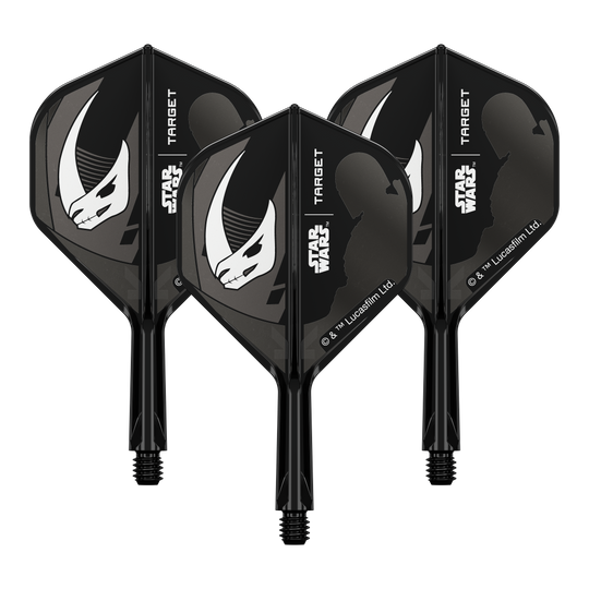 Target Star Wars K-Flex Set Mandalorian No2 Standaard Flights Auf dem Bild ist ein Dart-Flight mit Mandalorianer-Rüstungsmotiv abgebildet. Es handelt sich um das Produkt 'K-Flex Mandalorian Armour No2 Standard Flights' in 19mm.
