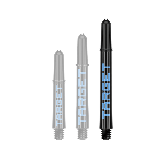 Target Pro Grip TAG Shafts - 3 sets - Zwartblauw Auf dem Bild sind drei schwarze Dart-Schäfte in verschiedenen Längen zu sehen. Auf jedem Schaft steht das Wort "TARGET" in blauer Schrift.