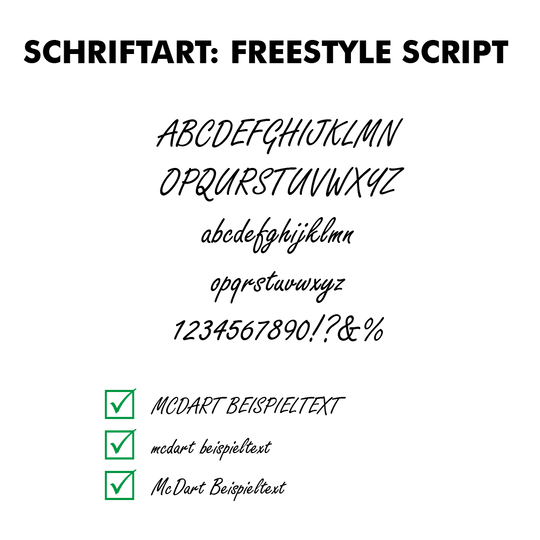 Flightdruck_Schriftart_Freestyle_ScriptpQpdfNmss8xQG Das Bild zeigt verschiedene Schriftartenbeispiele der Schriftart „Freestyle Script“. Zu sehen sind das Alphabet, Zahlen, Sonderzeichen und Beispieltexte in dieser Schriftart.