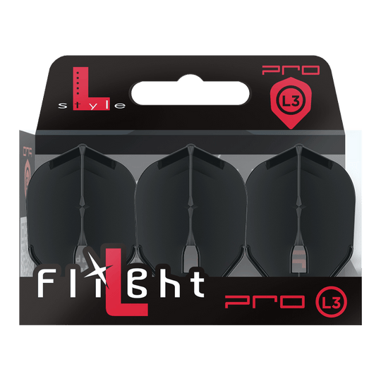 L-Style Champagne L3PRO Shape Flights Auf dem Bild ist eine Verpackung mit drei schwarzen Dart-Flights der Marke L-Style zu sehen. Die Packung trägt die Bezeichnung „L3 PRO“ und ist modern gestaltet.