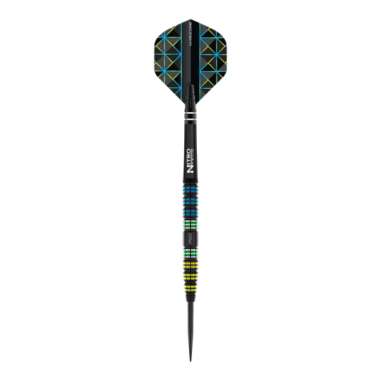 Red Dragon Dragonfly 95 Zwarte Taps Toelopende Stalen Darts Das Bild zeigt einen Red Dragon Dragonfly 95 Black Tapered Steeldart. Der Dart hat ein schwarzes Design mit farbigen Ringen und geometrischen Mustern auf den Flights.