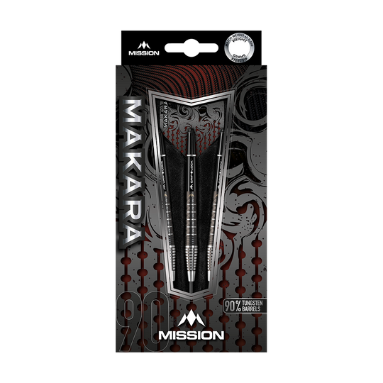 Mission Makara M2 stalen darts - 23g Das Bild zeigt die Verpackung der Mission Makara M2 Steeldarts mit einem Gewicht von 23 Gramm. Die Darts bestehen zu 90 % aus Tungsten und sind ansprechend gestaltet.