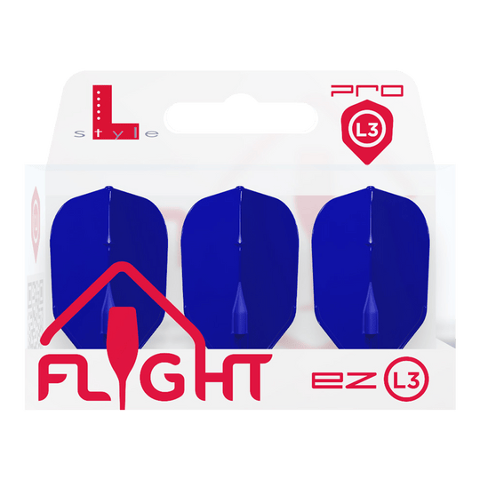 L-L-Style3EZ-vluchten Die Verpackung zeigt drei blaue Dart-Flights der Marke L-Style. Auf der Packung steht "FLIGHT ez L3" in roten Buchstaben.