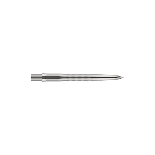 Mission Caliburn EVO dartpunten - gegroefd - zilver Auf dem Bild ist eine silberne, gerillte Steeldartspitze zu sehen. Sie ist schmal, lang und hat eine spitze Vorderseite.