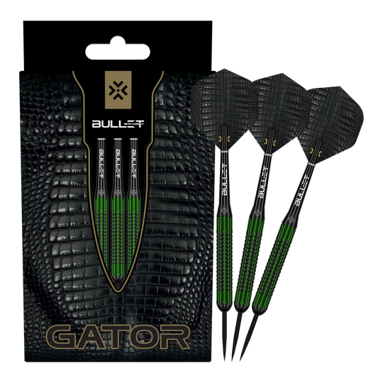 Bullet Gator Brass Steel Darts - 22g Zu sehen sind die Bullet Gator Brass Steeldarts - 22g in voller Ansicht. Sie sind aus Messing gefertigt und wiegen 22 Gramm.