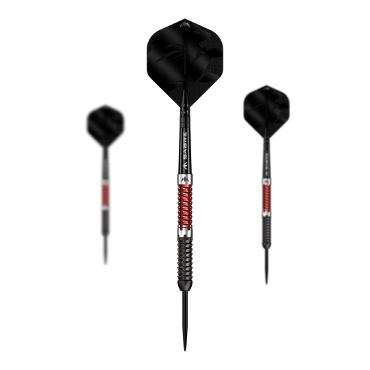 Mission Llew Bevan Zwart Rood Electro Steel Darts - 23g Mission Llew Bevan Black Red Electro Steeldarts - 23g. Set aus schwarzen und roten Steeldarts mit 23 Gramm.