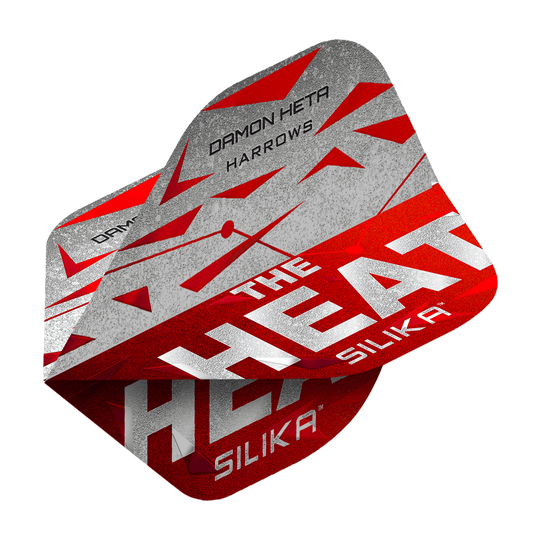 Harrow's Silika Damon Heta Series 3 vluchten Das Bild zeigt die Harrows Silika Damon Heta Series 3 Flights. Die Flights sind überwiegend in Rot, Grau und Weiß gestaltet und tragen den Schriftzug "THE HEAT" sowie den Namen "DAMON HETA".