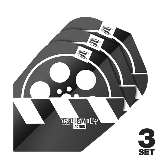Target Pro Ultra Chris Dobey Hollywood Action No6 Vluchten - 3 Sets Das Bild zeigt drei Sets der Target Pro Ultra Chris Dobey Hollywood Action No6 Flights. Die Flights haben ein schwarz-weißes Design mit einem Filmrollen- und Klappenmotiv sowie dem Schriftzug "Hollywood Action".