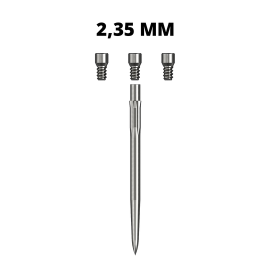 Caliburn-systeemkranen Hier sieht man eine Caliburn Evo System Steeldartspitze Spigot mit einer Länge von 23,5 mm. Die silberne Spitze ist einzeln dargestellt.