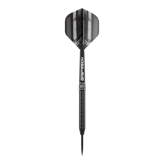 GOAT Sprocket Tungsten Steel Darts Das Bild zeigt einen einzelnen GOAT Sprocket Tungsten Steeldart. Der Dart hat ein modernes, schwarzes Design mit dem Schriftzug "GRIPTECH" auf dem Schaft.
