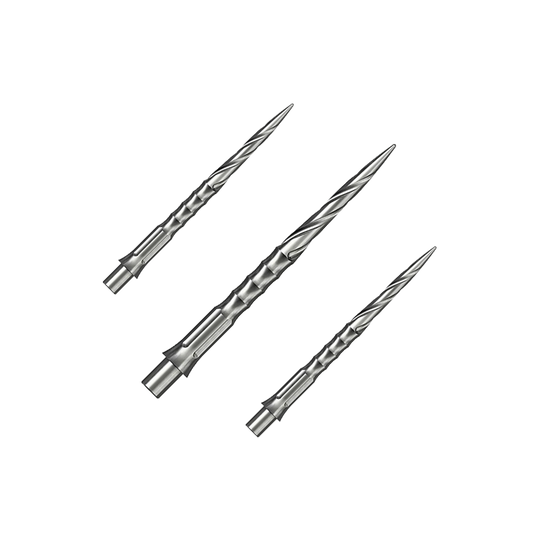Caliburn System stalen dartpunten - Spiro - NoLip - zilver Ein Set silberner Steeldartspitzen ist auf dem Bild zu sehen. Die Spitzen sind im Spiro NoLip Stil und 30 mm lang.