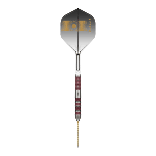 Das Bild zeigt einen Target Stephen Bunting 95K Swiss Point Steeldart. Der Dart hat ein elegantes Design mit einer Mischung aus silbernen und roten Elementen sowie einer schwarzen Flügel mit goldener Aufschrift.