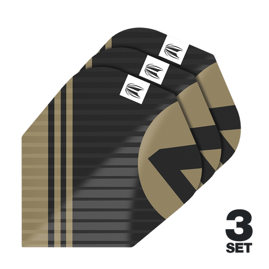 Target Pro Ultra Chicane Zwart No6 Flights - 3 sets Das Bild zeigt die "Target Pro Ultra Chicane Black No6 Flights" in einem schwarz-goldenen Design. Es sind insgesamt 3 Sets der Flights abgebildet.