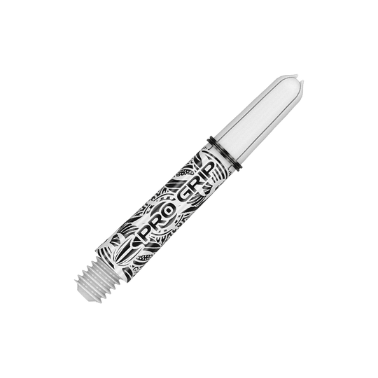 Dies ist ein weißer Dart-Schaft mit schwarzem Muster und der Aufschrift „PRO GRIP“. Er hat ein Gewinde am unteren Ende zum Befestigen am Dartpfeil.