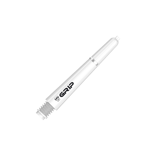 Das Bild zeigt einen weißen Dartshaft mit der Aufschrift "B GRIP". Es handelt sich um das Produkt "Bulls B-Grip-2 SL Shafts - Weiß".