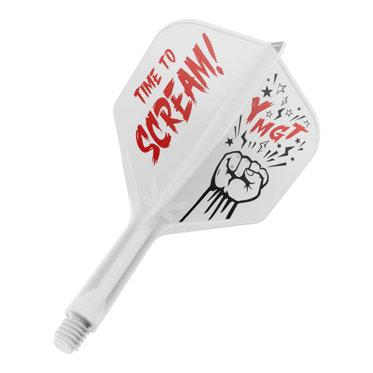Target Japan K-Flex Scream No6 Flight Shaft-systeem Das Bild zeigt eine Dartflügel- und Schaftkombination in Weiß mit roter und schwarzer Beschriftung. Auf dem Flügel steht "TIME TO SCREAM!" zusammen mit einer gezeichneten Faust und einigen Sternen.