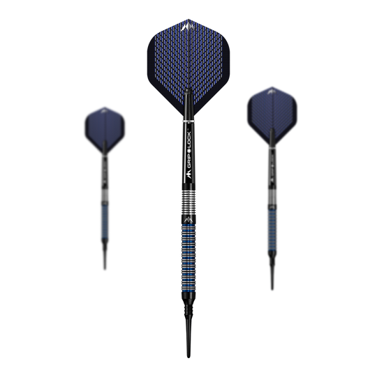 Mission Nightfall Model 1 zachte darts Das Bild zeigt drei Softdarts des Modells "Mission Nightfall Model 1". Die Darts haben schwarze Spitzen, blaue Flügel und einen silber-blau gestreiften Griff.
