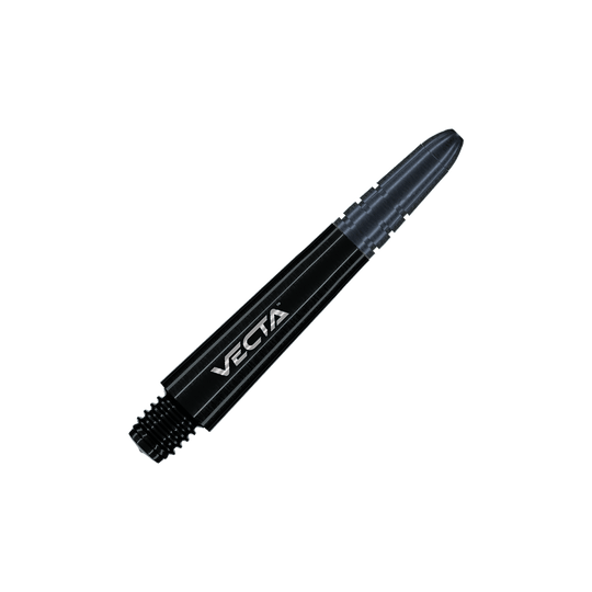 7025-101_Winmau_Vecta_Shafts_Schwarz_34mm_2 Das Bild zeigt einen schwarzen Dartshaft mit der Aufschrift "VECTA". Der Shaft besteht aus Metall und hat eine Länge von 34 mm.
