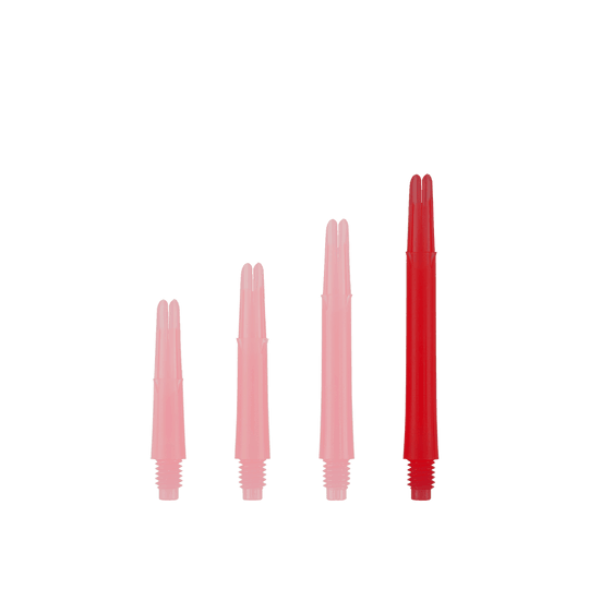 L-L-Style-Shafts Locked Straight - Rood Das Bild zeigt vier rote, gerade Dart-Schäfte in unterschiedlichen Längen. Sie sind aufrecht und nebeneinander aufgereiht, ohne Kappen.