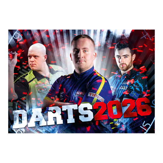 Darts Kalender 2026 ist abgebildet. Der Kalender illustriert verschiedene Darts-Themen für das Jahr 2026.