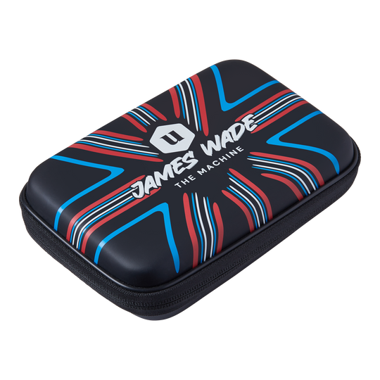 Unicorn Ultra James Wade dart portemonnee Das Bild zeigt ein Dartwallet mit dem Aufdruck "James Wade The Machine". Das Etui ist schwarz mit roten, blauen und weißen Designelementen.