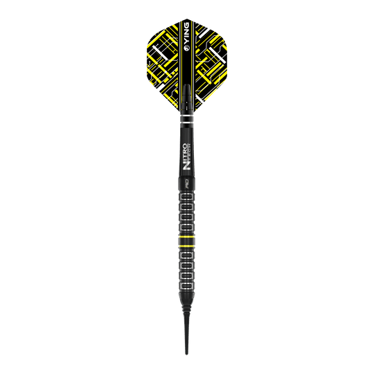 Red Dragon Astraeus Q4X Parallelle Softdarts - 20g Das Bild zeigt einen Red Dragon Astraeus Q4X Parallel Softdart mit einem Gewicht von 20g. Der Dart hat schwarze und gelbe Designelemente und eine strukturierte Griffzone.