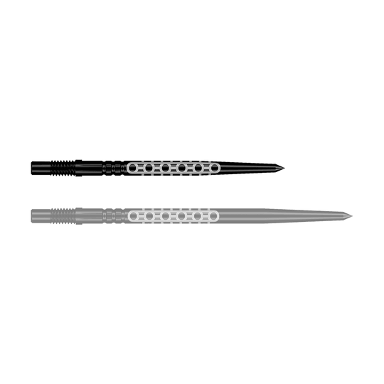 Shot Turbo Point Goths Dartpunten - Zwart Ein schwarzer Dartpfeil mit markantem Design ist im Bild. Der Pfeil ist robust verarbeitet.