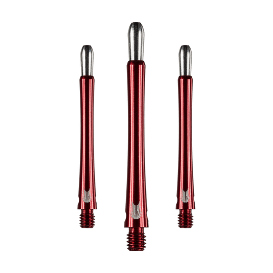 Das Bild zeigt drei rote Aluminium-Schäfte für Darts mit silbernen Enden. Die Schäfte haben ein glänzendes Finish und ein einfaches, elegantes Design.
