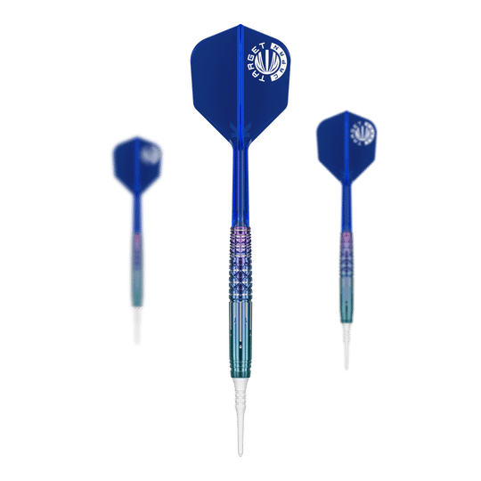 Das Bild zeigt drei Softdarts des Produkts "Target Japan Cathy Leung Charis GEN4" mit einem Gewicht von 21g. Die Darts haben blaue Flights und weiße Spitzen.