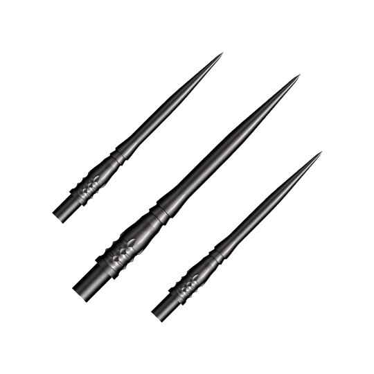 Shot Cone Rocket Steel Dartpunten - Zwart - 35mm Das Bild zeigt drei schwarze Steeldart-Spitzen des Modells "Shot Cone Rocket" mit einer Länge von 35 mm. Die Spitzen sind schlank, spitz zulaufend und haben ein filigranes Design.