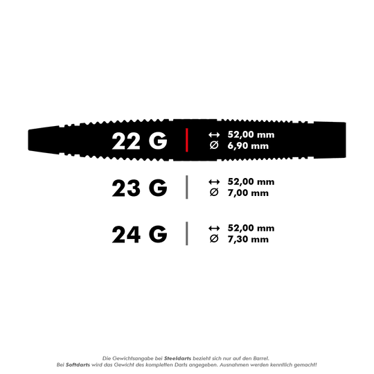 Target Scope 04 Swiss Point stalen darts Das Bild zeigt verschiedene Größen von Steeldart-Barrels mit Gewichten von 22 g, 23 g und 24 g. Die Abmessungen in Millimetern für Länge und Durchmesser sind jeweils angegeben.