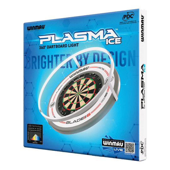 Winmau Plasma Ice LED Dartbordlamp Die Abbildung zeigt die Verpackung des "Winmau Plasma Ice LED Dartboard Light". Das Produkt bietet eine 360° Beleuchtung für Dartboards.